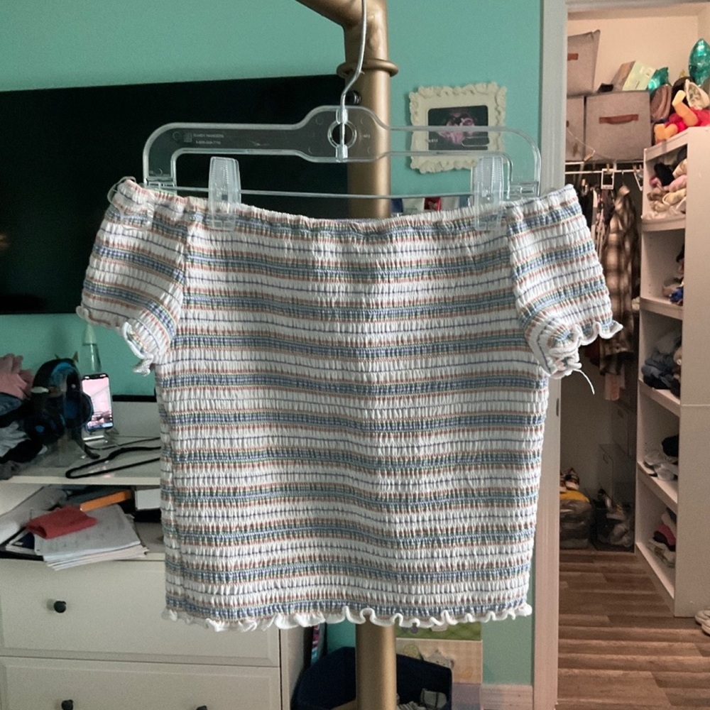 Old Navy Striped Off-Shoulder Top - Blue, White, and Tan